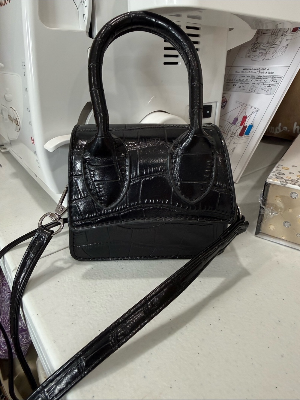 SHEIN Black Croc-Embossed Mini Satchel with Detachable Strap